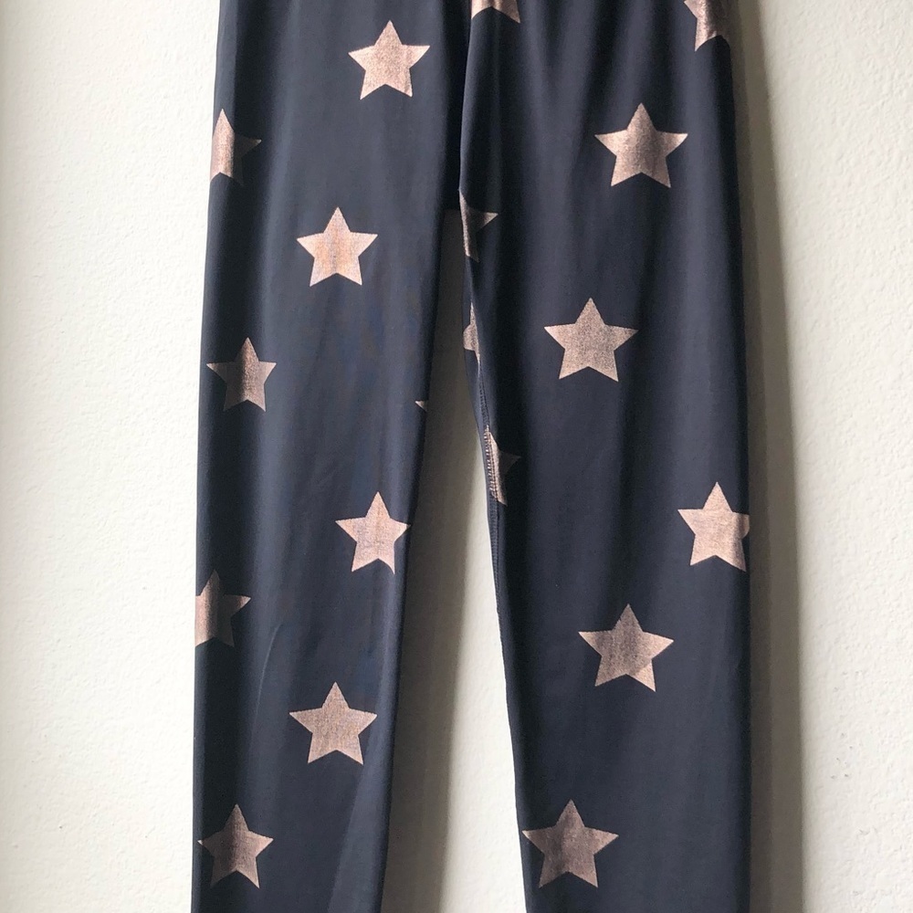 Terez Black Gold Star Foil Printed Tall Band Leggings Sz M - Picture 6 of 13